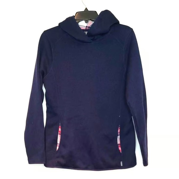 Tops - Navy Hooded Pullover Sweatshirt with Plaid Pocket Trim